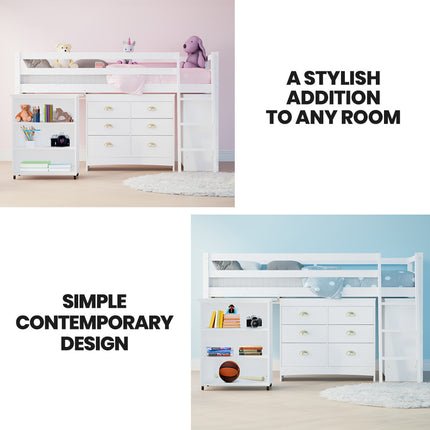 KINGSTON SLUMBER Wooden Kids Single Loft Bed Frame with Pull Out Desk, Storage Drawers, Cabinet - White.