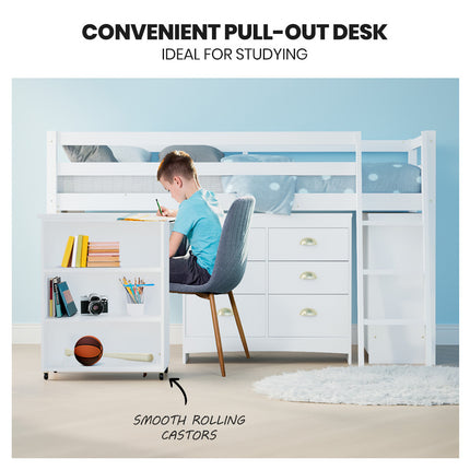 KINGSTON SLUMBER Wooden Kids Single Loft Bed Frame with Pull Out Desk, Storage Drawers, Cabinet - White.