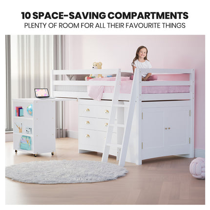 KINGSTON SLUMBER Wooden Kids Single Loft Bed Frame with Pull Out Desk, Storage Drawers, Cabinet - White.