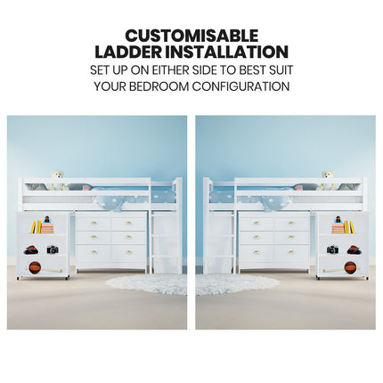 KINGSTON SLUMBER Wooden Kids Single Loft Bed Frame with Pull Out Desk, Storage Drawers, Cabinet - White.