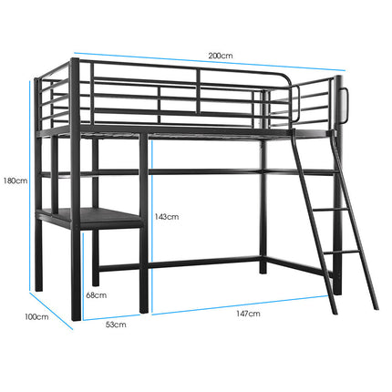 Gaming Loft Bed with Desk, Steel Metal Frame, Space Saving Design, for Single Mattress, Matte Dark Grey.