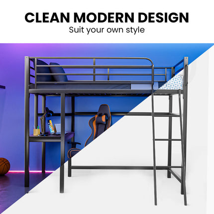 Gaming Loft Bed with Desk, Steel Metal Frame, Space Saving Design, for Single Mattress, Matte Dark Grey.