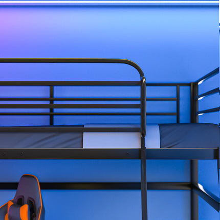 Gaming Loft Bed with Desk, Steel Metal Frame, Space Saving Design, for Single Mattress, Matte Dark Grey.