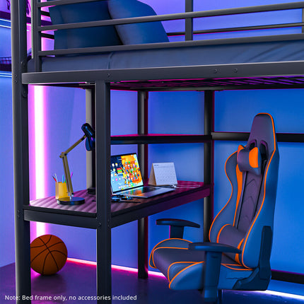 Gaming Loft Bed with Desk, Steel Metal Frame, Space Saving Design, for Single Mattress, Matte Dark Grey.