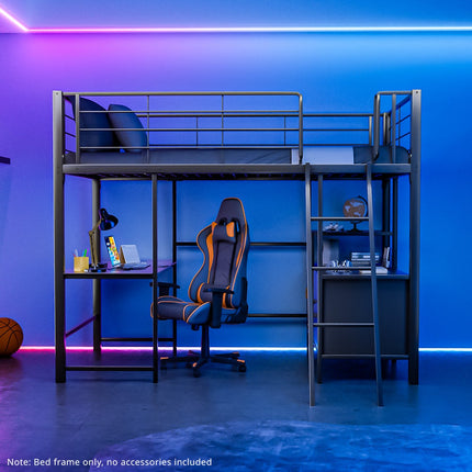 Gaming Loft Bed with Desk and Storage Cabinet, Steel Metal Frame, Space Saving Design, for Single Mattress, Matte Dark Grey.