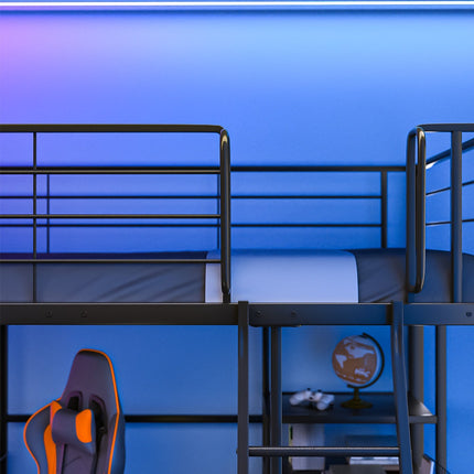 Gaming Loft Bed with Desk and Storage Cabinet, Steel Metal Frame, Space Saving Design, for Single Mattress, Matte Dark Grey.