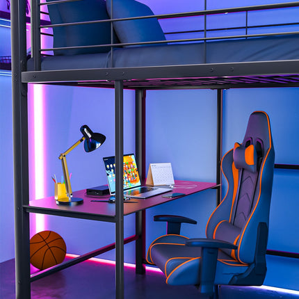 Gaming Loft Bed with Desk and Storage Cabinet, Steel Metal Frame, Space Saving Design, for Single Mattress, Matte Dark Grey.