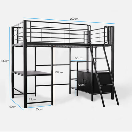 Gaming Loft Bed with Desk and Storage Cabinet, Steel Metal Frame, Space Saving Design, for Single Mattress, Matte Dark Grey.