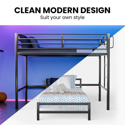 KINGSTON SLUMBER Single Loft Bed And Single Underbed, Multifunctional, Space Saving with Fixed Ladder, Matte Dark Grey.