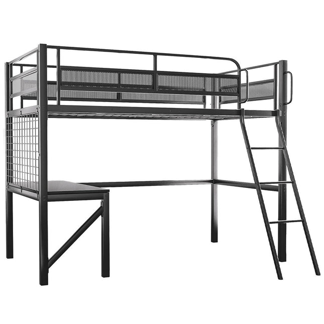 Gaming Loft Bed with Desk, Gridwall, Steel Metal Frame, Space Saving Design, for Single Mattress, Matte Dark Grey.