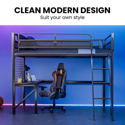 Gaming Loft Bed with Desk, Gridwall, Steel Metal Frame, Space Saving Design, for Single Mattress, Matte Dark Grey.