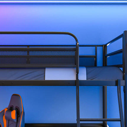 Gaming Loft Bed with Desk, Gridwall, Steel Metal Frame, Space Saving Design, for Single Mattress, Matte Dark Grey.