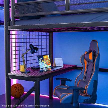 Gaming Loft Bed with Desk, Gridwall, Steel Metal Frame, Space Saving Design, for Single Mattress, Matte Dark Grey.