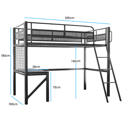 Gaming Loft Bed with Desk, Gridwall, Steel Metal Frame, Space Saving Design, for Single Mattress, Matte Dark Grey.