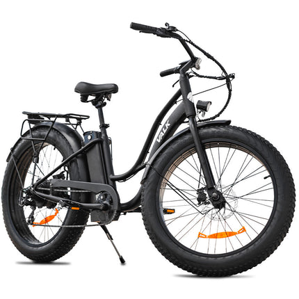 VALK Electric Fat Tyre Cruiser Bike, Step-Through eBike with Throttle, Tektro Hydraulic Brakes, Matte Black.