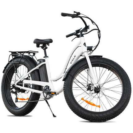 VALK Electric Fat Tyre Cruiser Bike, Step-Through eBike with Throttle, Tektro Hydraulic Brakes, White.