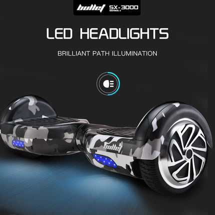 BULLET Gen III Hoverboard Scooter, Dual Copper Motors, UL Certified, AU Compliant, 6.5" Wheels, Superior Self Balancing System, LED Lights, Carry Bag, Camo Grey.