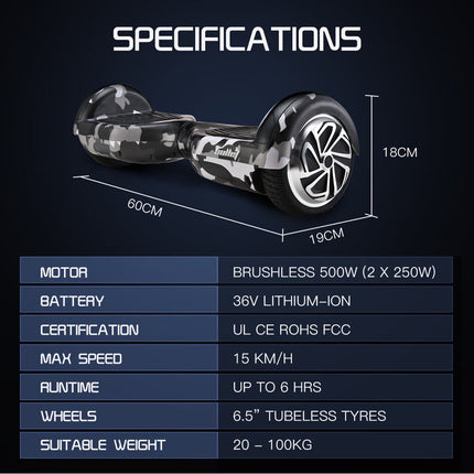 BULLET Gen III Hoverboard Scooter, Dual Copper Motors, UL Certified, AU Compliant, 6.5" Wheels, Superior Self Balancing System, LED Lights, Carry Bag, Camo Grey.