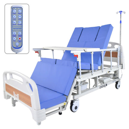 EQUIPMED Electric 8 Function Medical Bed , w/ Mattress & Over Bed Table, Adjustable Back and Leg Lifting, Lateral Tilting, Commode Bowl, IV Pole.