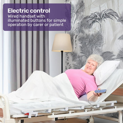 EQUIPMED Electric 8 Function Medical Bed , w/ Mattress & Over Bed Table, Adjustable Back and Leg Lifting, Lateral Tilting, Commode Bowl, IV Pole.