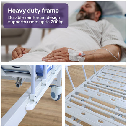 EQUIPMED Electric 8 Function Medical Bed , w/ Mattress & Over Bed Table, Adjustable Back and Leg Lifting, Lateral Tilting, Commode Bowl, IV Pole.