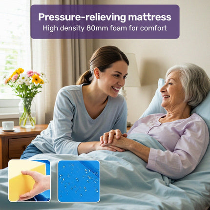 EQUIPMED Electric 8 Function Medical Bed , w/ Mattress & Over Bed Table, Adjustable Back and Leg Lifting, Lateral Tilting, Commode Bowl, IV Pole.