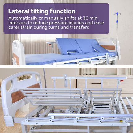 EQUIPMED Electric 8 Function Medical Bed , w/ Mattress & Over Bed Table, Adjustable Back and Leg Lifting, Lateral Tilting, Commode Bowl, IV Pole.