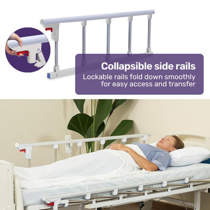 EQUIPMED Electric 8 Function Medical Bed , w/ Mattress & Over Bed Table, Adjustable Back and Leg Lifting, Lateral Tilting, Commode Bowl, IV Pole.