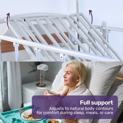 EQUIPMED Electric 8 Function Medical Bed , w/ Mattress & Over Bed Table, Adjustable Back and Leg Lifting, Lateral Tilting, Commode Bowl, IV Pole.