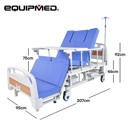 EQUIPMED Electric 8 Function Medical Bed , w/ Mattress & Over Bed Table, Adjustable Back and Leg Lifting, Lateral Tilting, Commode Bowl, IV Pole.