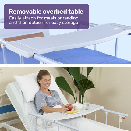 EQUIPMED Electric 8 Function Medical Bed , w/ Mattress & Over Bed Table, Adjustable Back and Leg Lifting, Lateral Tilting, Commode Bowl, IV Pole.