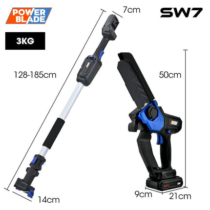 POWERBLADE SW7 20V Cordless Convertible Mini Chainsaw Pole Saw Kit, Telescopic Electric Tree Pruner with Lithium Battery & Fast Charger.