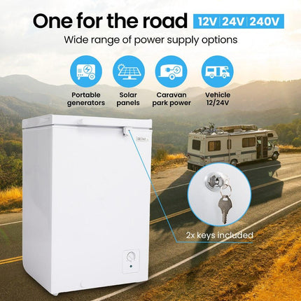 GECKO 100L Portable Chest Freezer, 12V/24V/240V for Motorhome and Caravan, White.