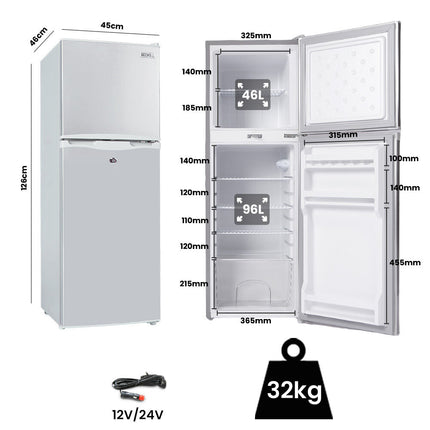 GECKO 142L Upright Portable Fridge / Freezer, 12V/24V for Motorhome and Caravan, Silver.