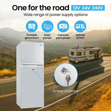 GECKO 142L Upright Portable Fridge / Freezer, 12V/24V for Motorhome and Caravan, Silver.
