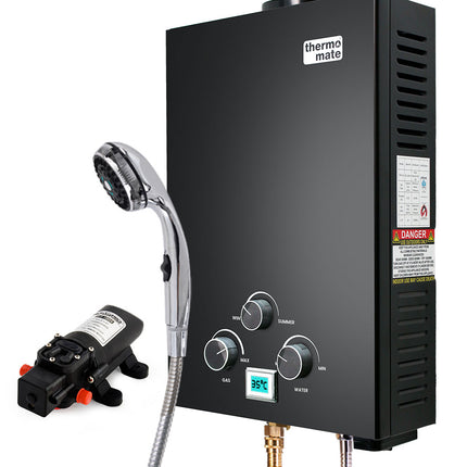 Thermomate Portable Gas Outdoor Camping Hot Water Heater System, with 12V Pump, Shower Head, Black.