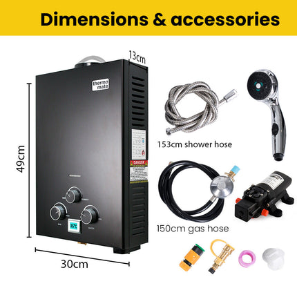 Thermomate Portable Gas Outdoor Camping Hot Water Heater System, with 12V Pump, Shower Head, Black.