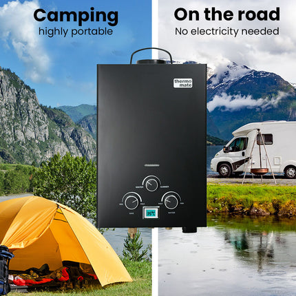 Thermomate Portable Gas Outdoor Camping Hot Water Heater System, with 12V Pump, Shower Head, Black.