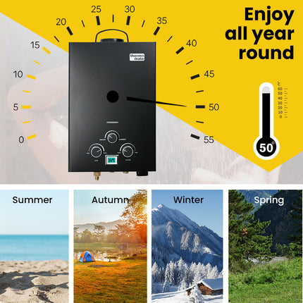 Thermomate Portable Gas Outdoor Camping Hot Water Heater System, with 12V Pump, Shower Head, Black.