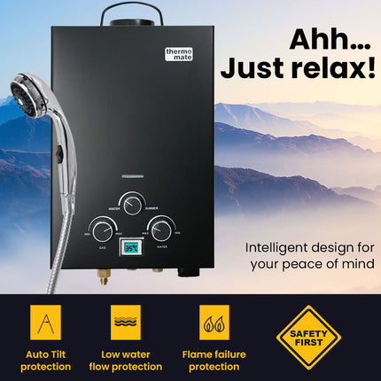Thermomate Portable Gas Outdoor Camping Hot Water Heater System, with 12V Pump, Shower Head, Black.