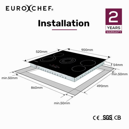 EuroChef 90cm 5 Zone Ceramic Cooktop, 8900W Electric, FlexiZone Adjustable Size Hobs, Touch Controls.