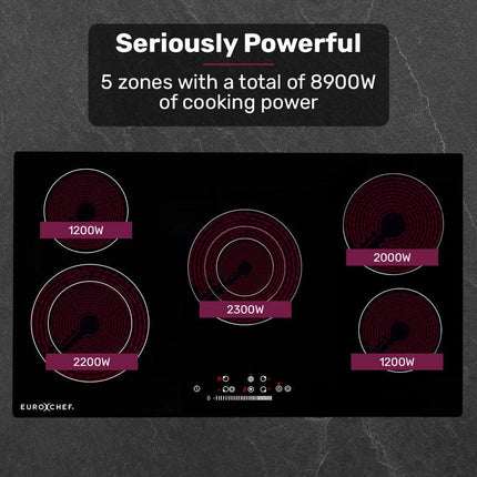 EuroChef 90cm 5 Zone Ceramic Cooktop, 8900W Electric, FlexiZone Adjustable Size Hobs, Touch Controls.