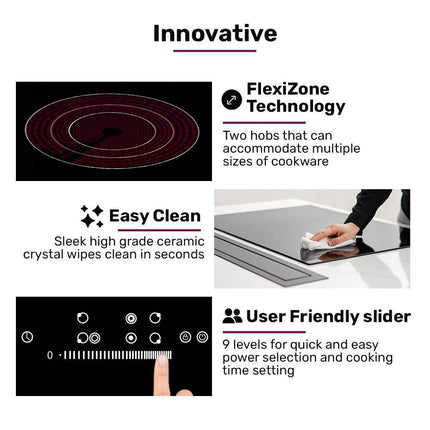 EuroChef 90cm 5 Zone Ceramic Cooktop, 8900W Electric, FlexiZone Adjustable Size Hobs, Touch Controls.