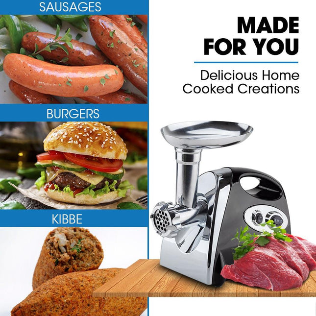 EUROCHEF Electric Meat Grinder, Stainless Steel Mincer Sausage Filler Kibbe Maker, Black.