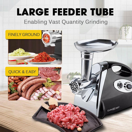 EUROCHEF Electric Meat Grinder, Stainless Steel Mincer Sausage Filler Kibbe Maker, Black.