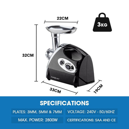 EUROCHEF Electric Meat Grinder, Stainless Steel Mincer Sausage Filler Kibbe Maker, Black.