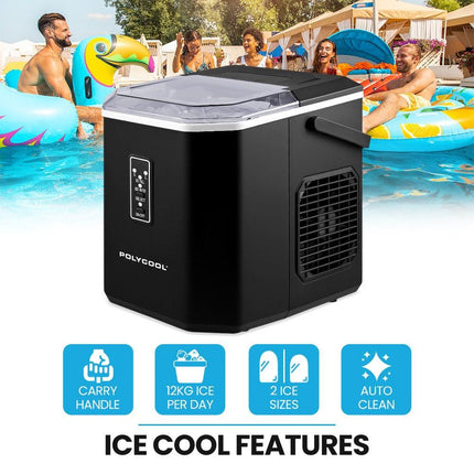POLYCOOL Portable Ice Maker Machine, Automatic, 12kg/day,  Auto Clean, with Scoop and Removable Basket, Black.