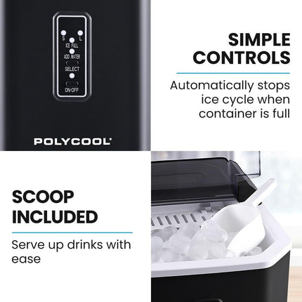 POLYCOOL Portable Ice Maker Machine, Automatic, 12kg/day,  Auto Clean, with Scoop and Removable Basket, Black.