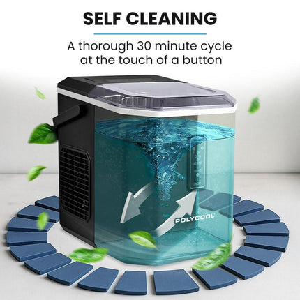 POLYCOOL Portable Ice Maker Machine, Automatic, 12kg/day,  Auto Clean, with Scoop and Removable Basket, Black.