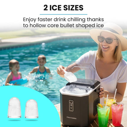 POLYCOOL Portable Ice Maker Machine, Automatic, 12kg/day,  Auto Clean, with Scoop and Removable Basket, Black.